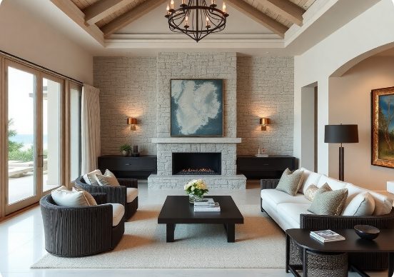 Timeless coastal villa living room with stone fireplace on ECR