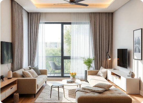 Bright open family living space after redesign in Velachery